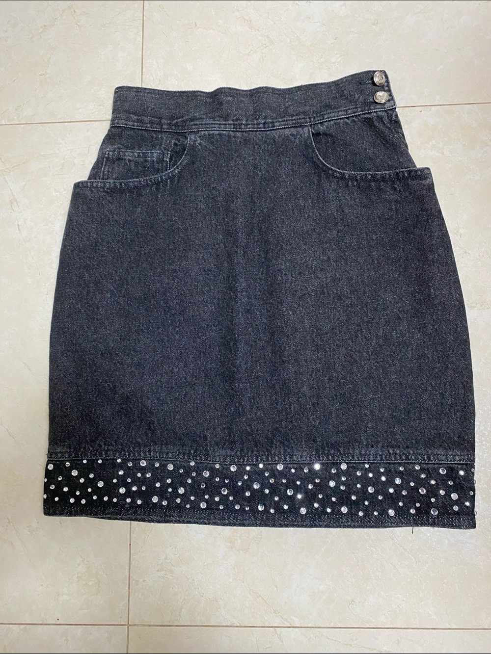 Love Moschino Jeans Black Denim Skirt Italy Made Size 12 Studded Diamonds